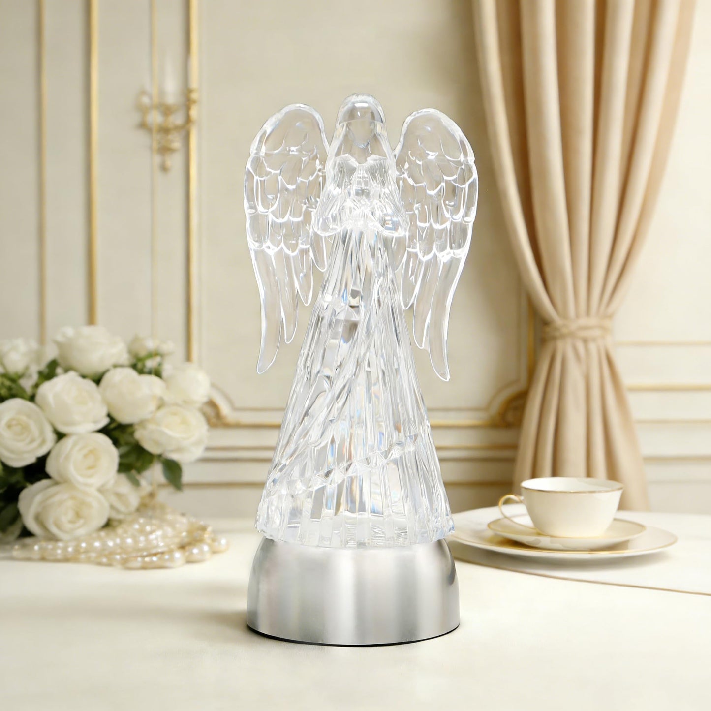 Lighted Acrylic Angel Figurines Swirling Glitter Globe, 6H Timer, Battery & USB Operated Angel Statue Decor Gifts for Mom Grandma Girls Women Birthday Friendship (9.5" Angel Praying Figurine)