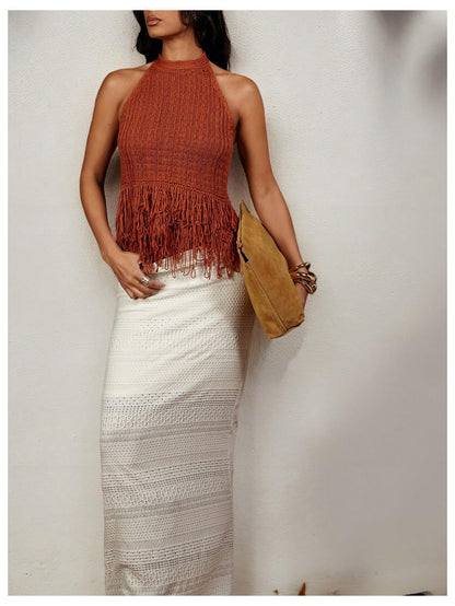 SweatyRocks Women's Boho Fringe Halter Tops Sleeveless Open Back Summer Knit Crochet Tank Top