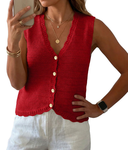 GRECERELLE Women's Summer Sleeveless V Neck Sweater Vest Knit Tank Top | Button Front Closure, Crochet Knit Design, Casual Style, Cropped Fit, Versatile Layering, for Office, Travel