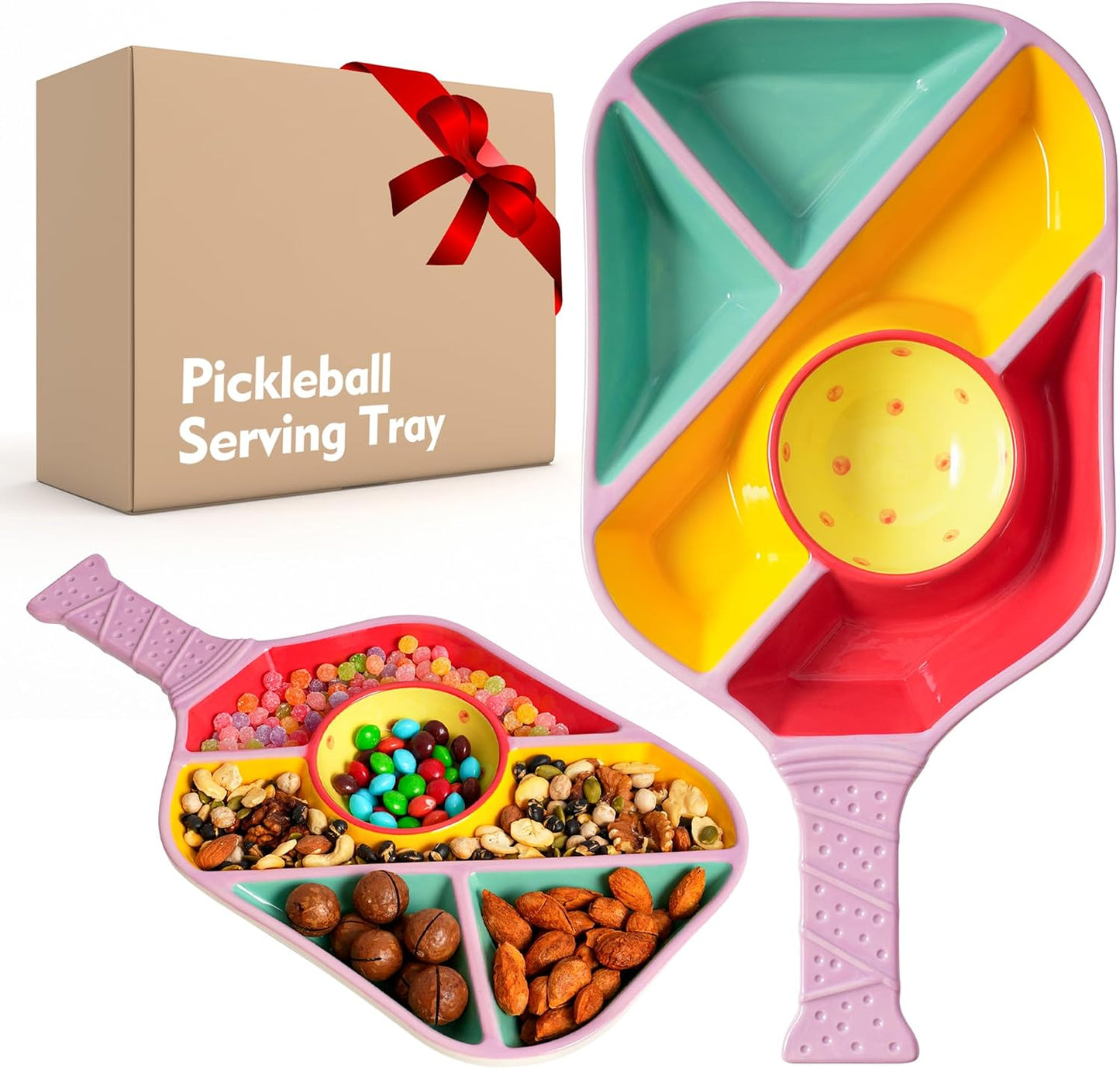 Pickleball Snack Serving Tray - Ceramic Bat Shaped Snack Platter with 5 Compartments & Dip Bowl