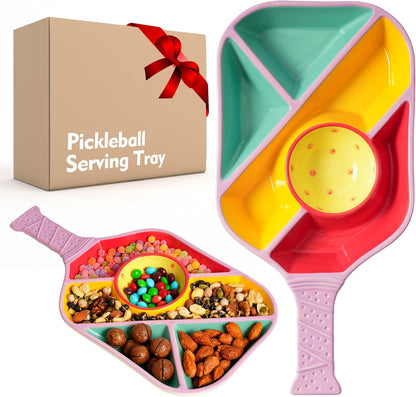 Pickleball Snack Serving Tray - Ceramic Bat Shaped Snack Platter with 5 Compartments & Dip Bowl