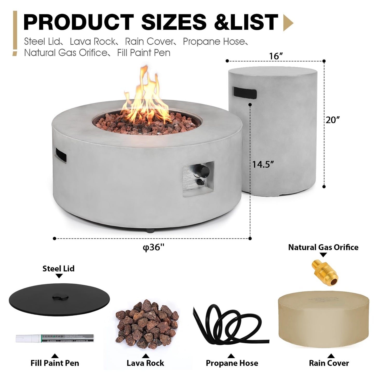 31.5 Inch Round Propane Fire Pit Table - Concrete Round Fire Bowl 50,000 BTU Natural Gas Firepit Burner with Steel Lid, Lava Rocks, Waterproof Cover for Outside Patio, Backyard, Party