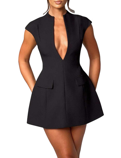 LuFeng Women's Sexy Cap Sleeve Deep V Neck Zipper A-line Mini Dress