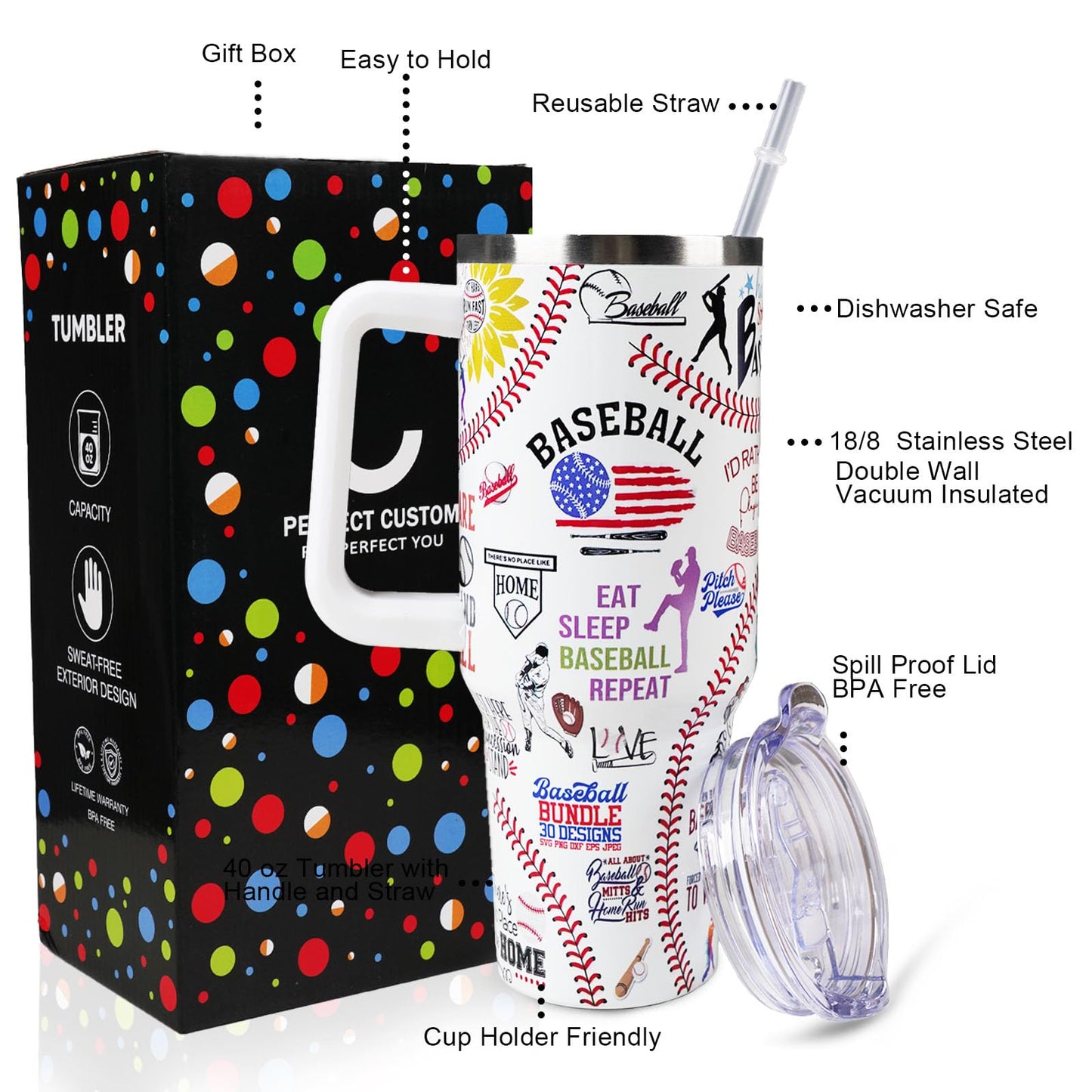 Baseball Mom 40 oz Tumbler with Handle and Straw Lid Leak Proof