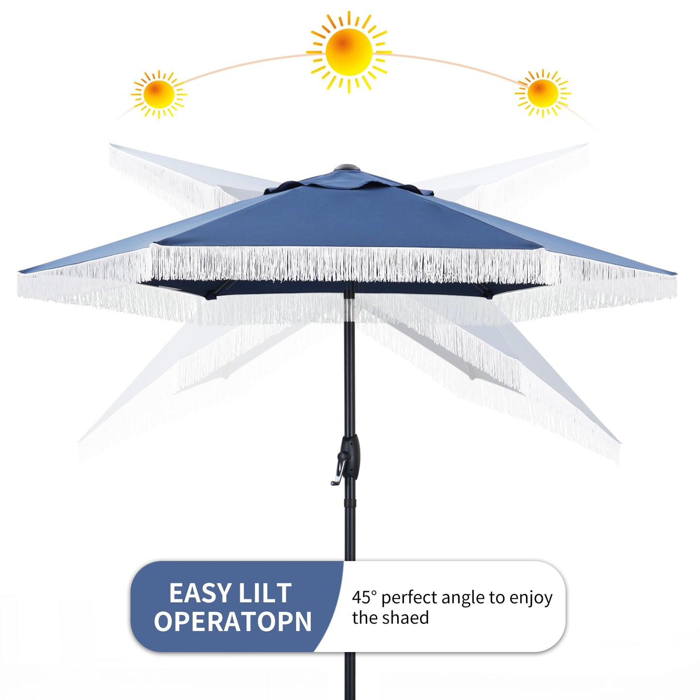 GDY 7.5ft Tassel Patio Umbrella and Matching Base, Outdoor Table Umbrella with 18 LED Lights,Market Umbrella with 6 Sturdy Ribs, with Push Button Tilt and Crank, Bright White