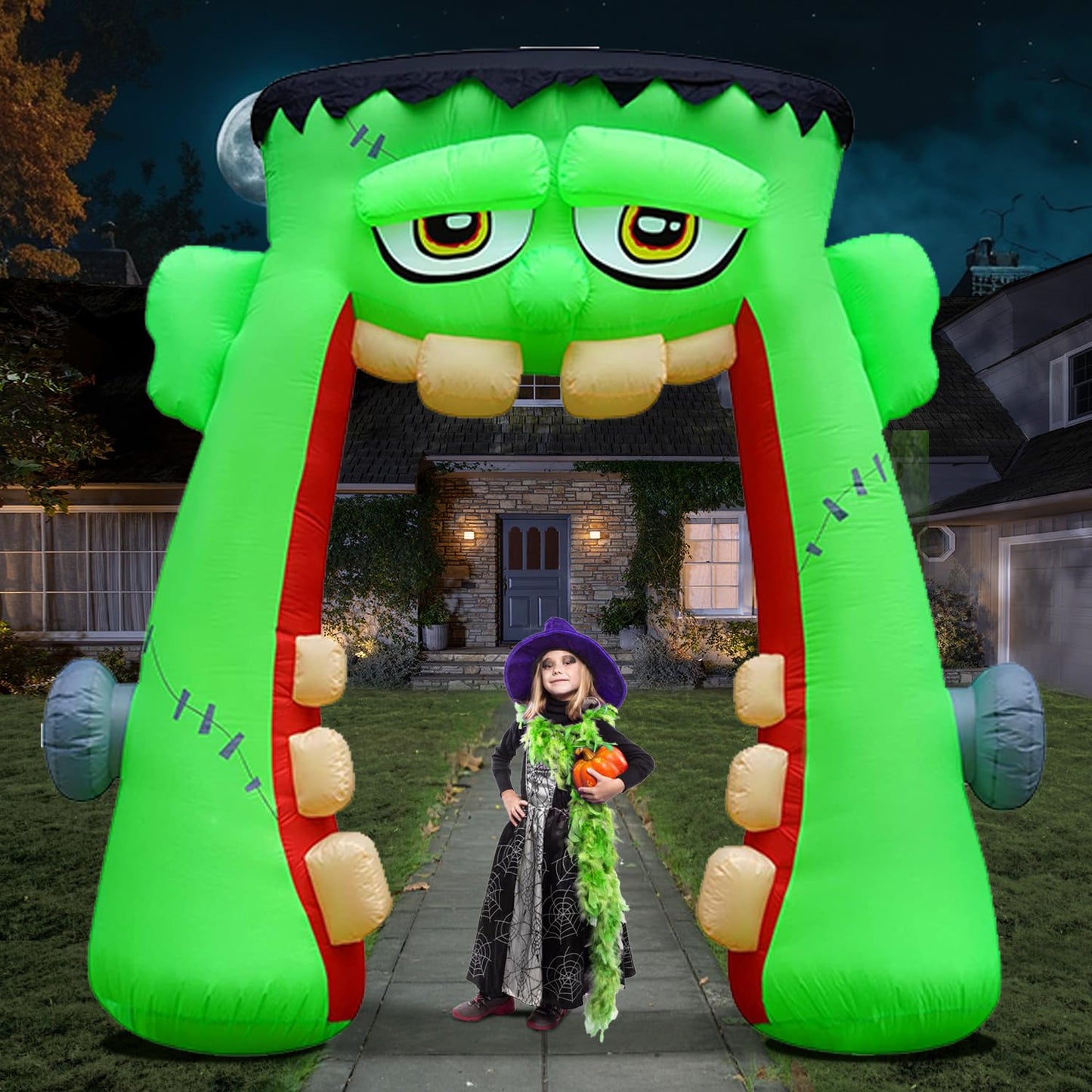 10FT Halloween Inflatable Frankenstein Archway, Halloween Monster Mouth Archway Built-in 6 LEDs for Halloween Inflatables Outdoor Decoration Blow up Frankenstein Arch for Party Haunted House