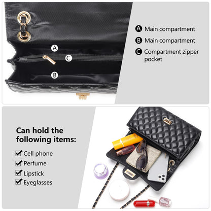 Quilted Leather Crossbody Bags for Women Trendy Ladies Shoulder Purse Satchel HandBag with Chain Strap