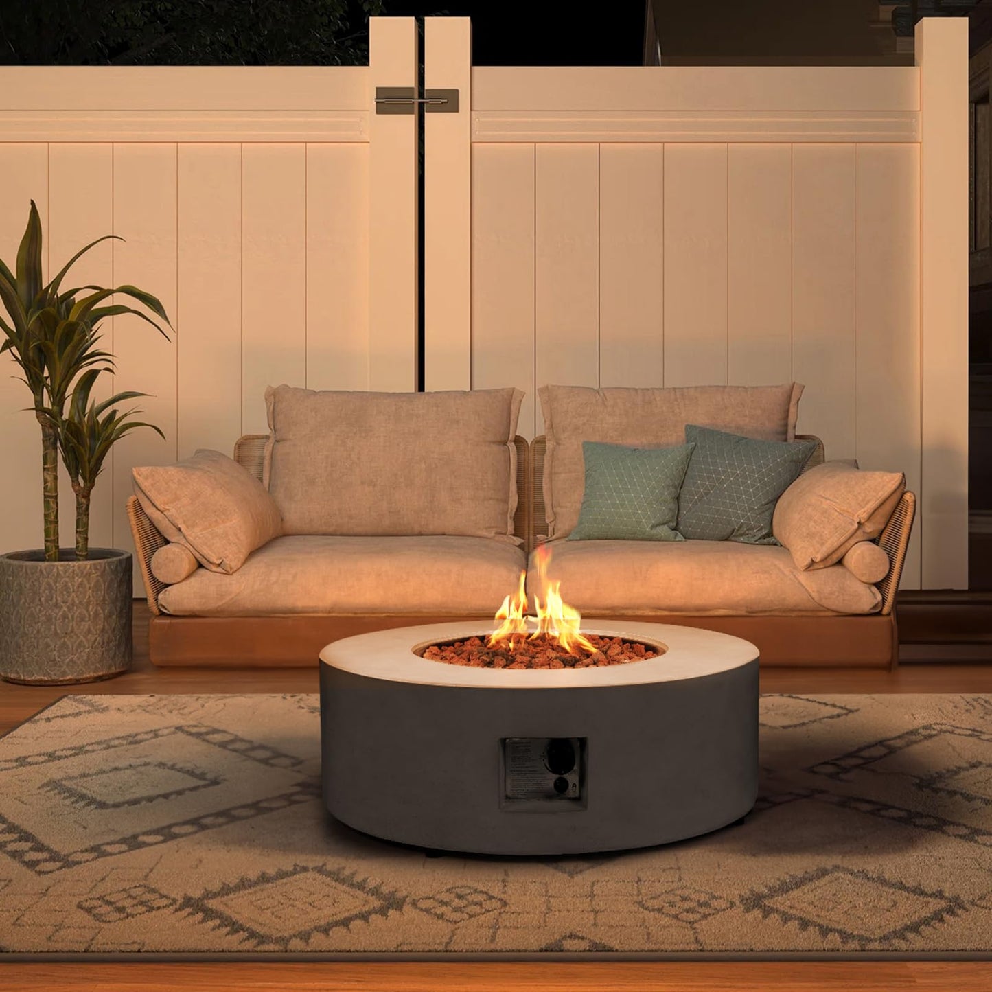31.5 Inch Round Propane Fire Pit Table - Concrete Round Fire Bowl 50,000 BTU Natural Gas Firepit Burner with Steel Lid, Lava Rocks, Waterproof Cover for Outside Patio, Backyard, Party