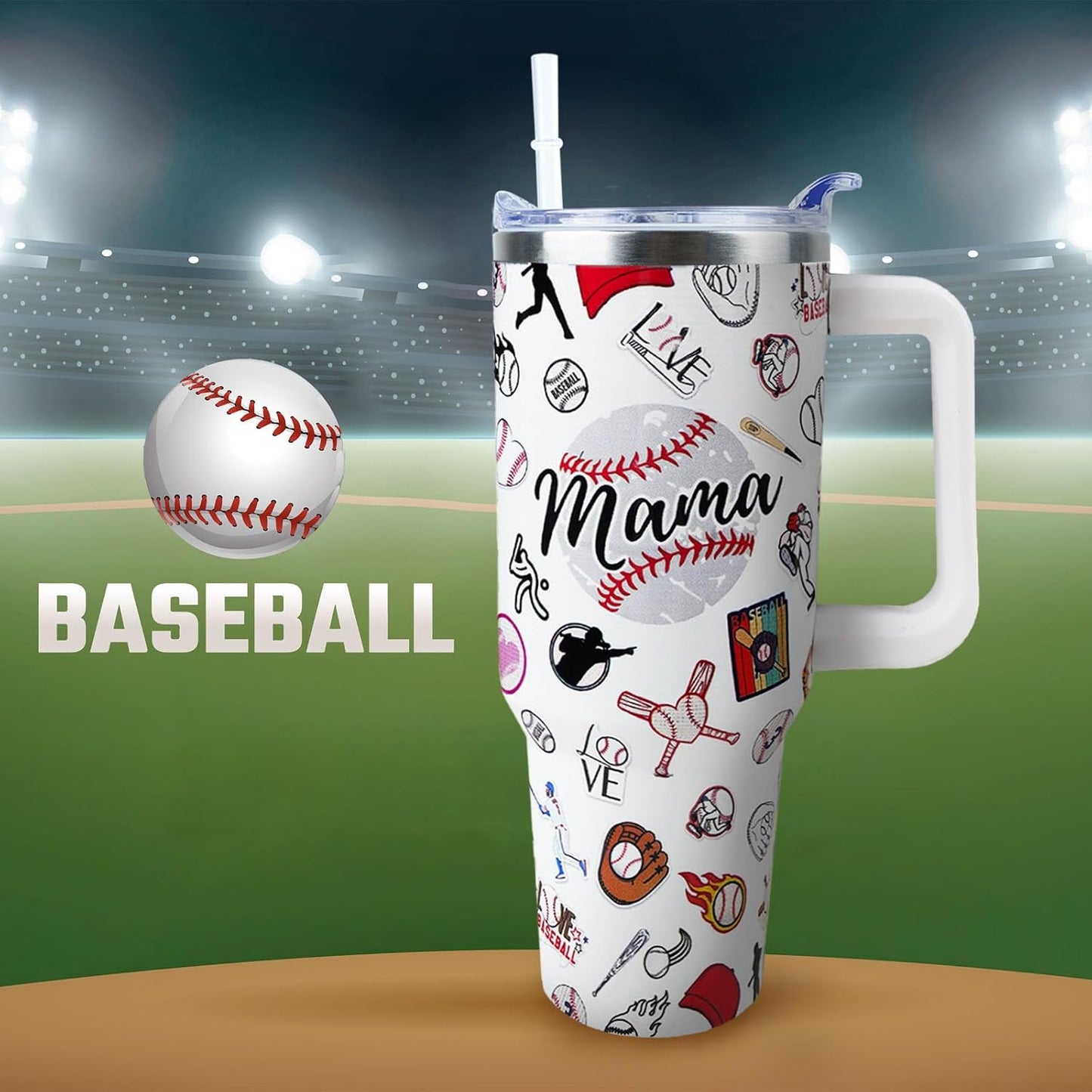 Baseball Mom 40 oz Tumbler with Handle and Straw Lid Leak Proof