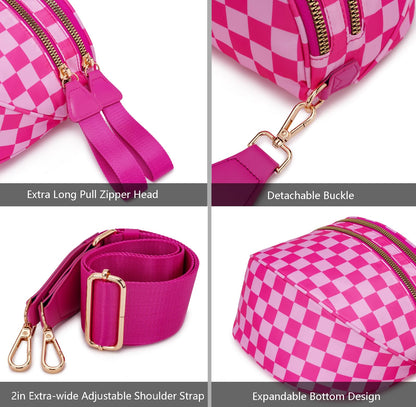 Pure Colour Crossbody Bum Bags for Women Spacious Checkered Cross body Bag Nylon Trendy Fanny Pack for Travel