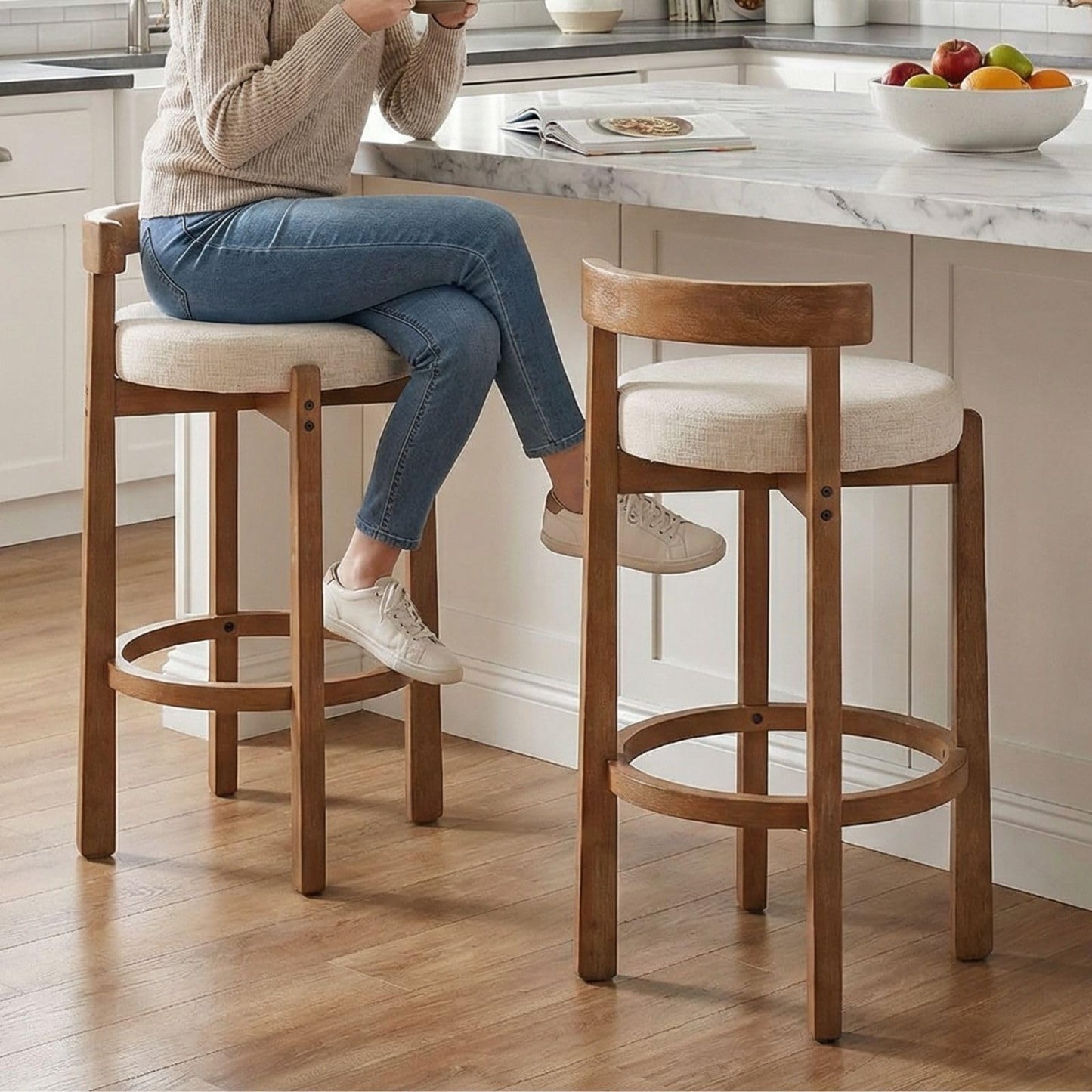 LukeAlon Mid Century Linen Counter Stools Set of 4, Upholstered 26.5” Seat Height Low Barstools with Natural Wood Legs Round Low Back Kitchen Stools with Footrest for Dining Room, Beige