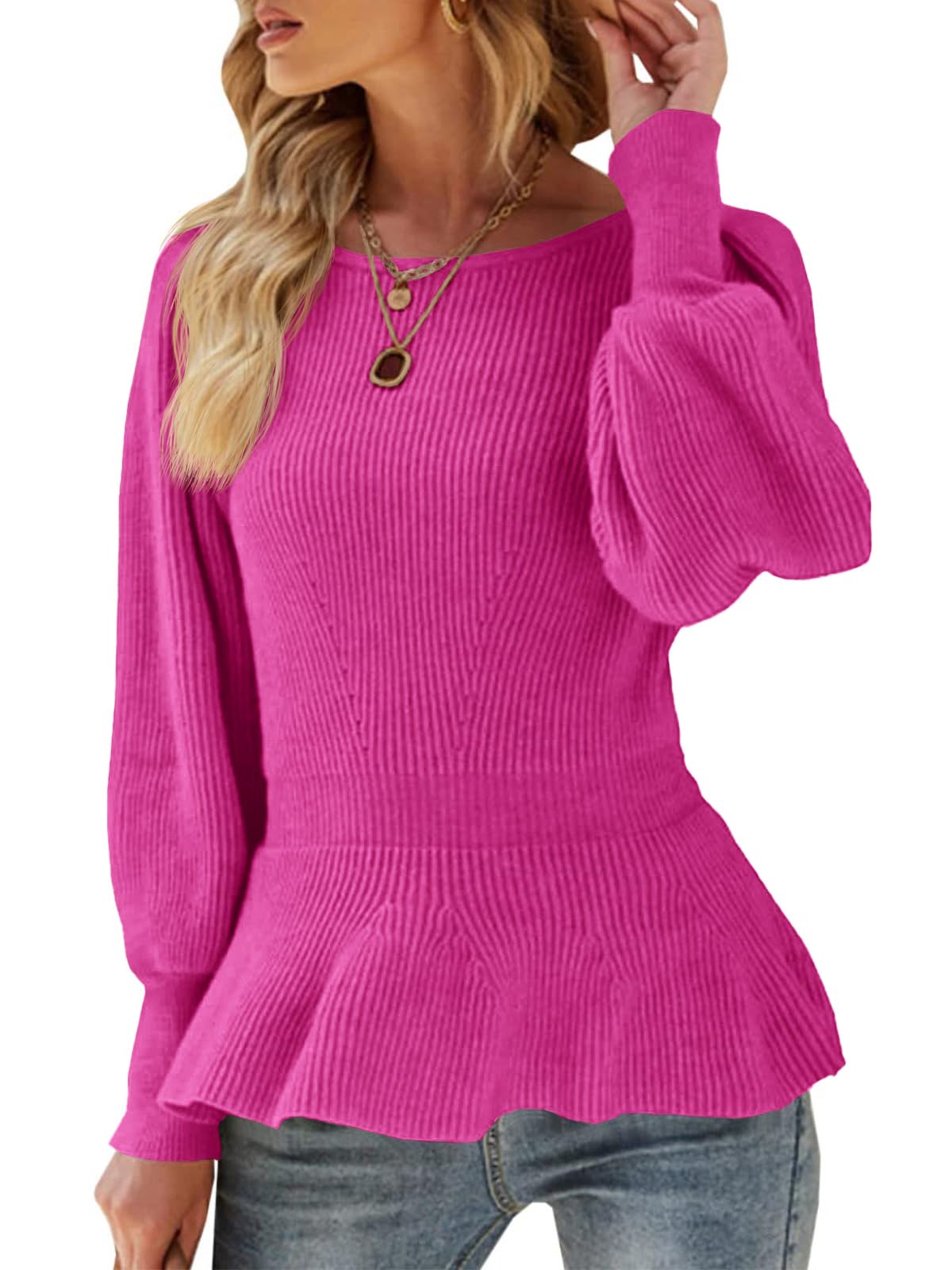 Womens Fall Puff Sleeve Peplum Casual Slim Fit Knit Pullover Sweater