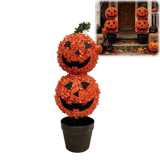 Halloween Artificial Pumpkin Topiary Trees, Potted Boxwood Plants, Faux Fall Autumn Thanksgiving Decor for Front Door Porch Yard Tabletop Indoor Outdoor Spooky Home Decoration (Orange#a)