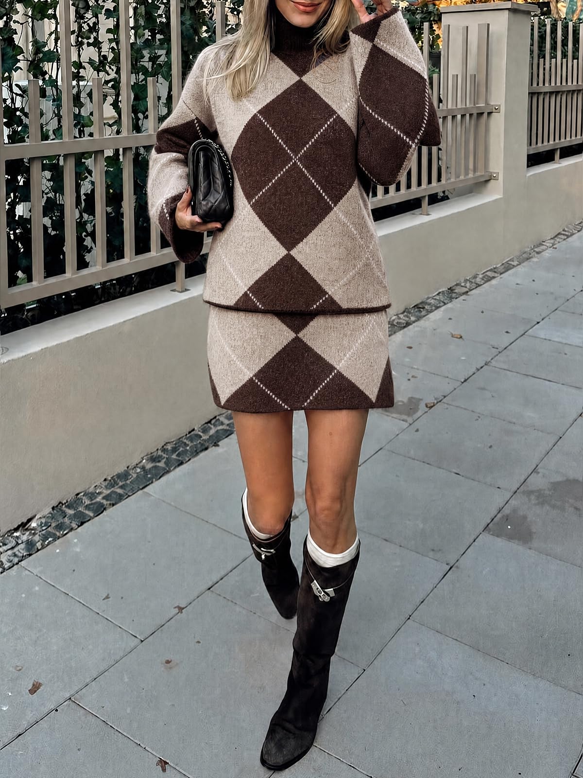 Cicy Bell Women Mock Neck Argyle Sweater 2 Piece Outfits Mini Skirt Sets
