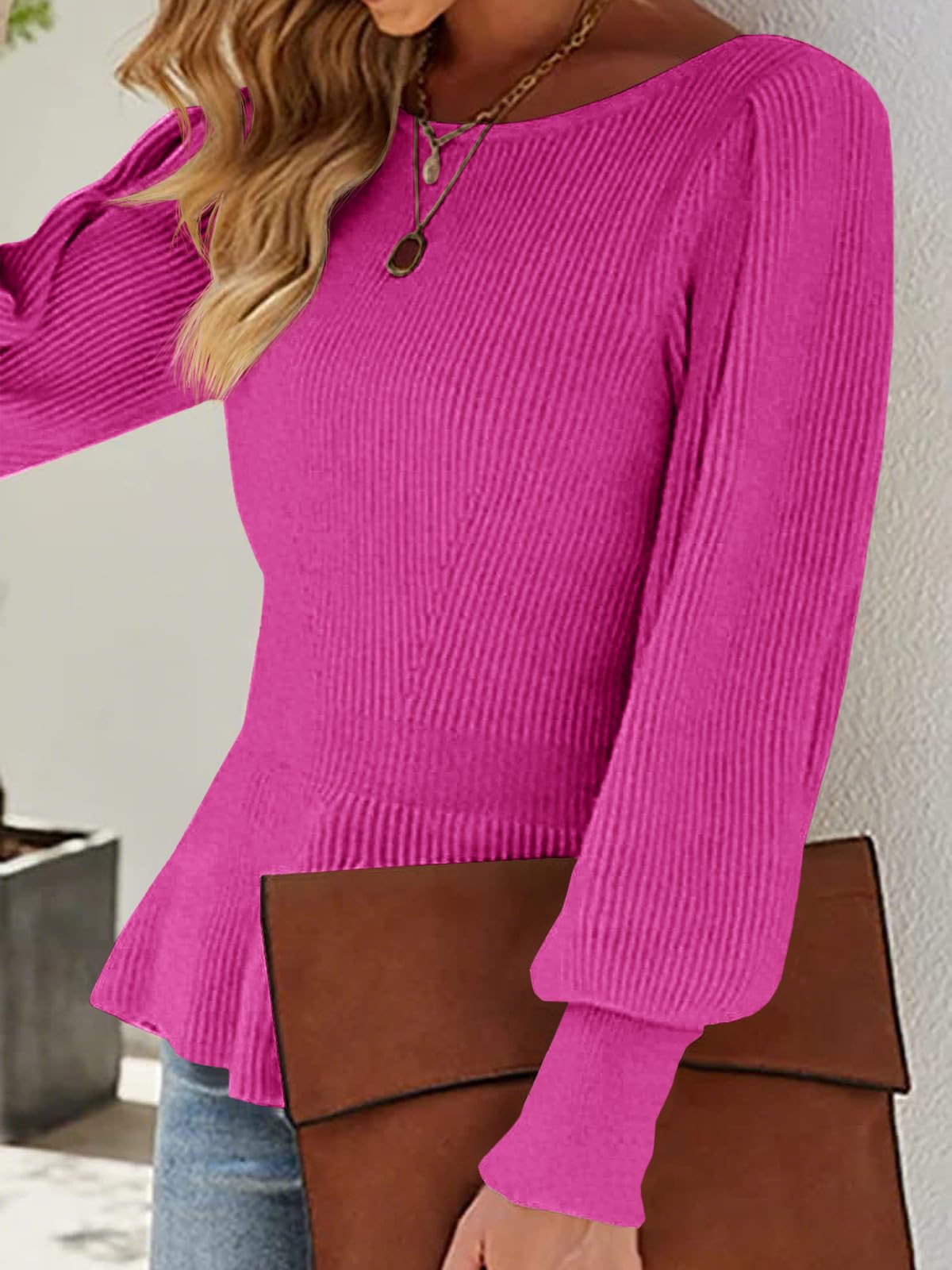 Womens Fall Puff Sleeve Peplum Casual Slim Fit Knit Pullover Sweater