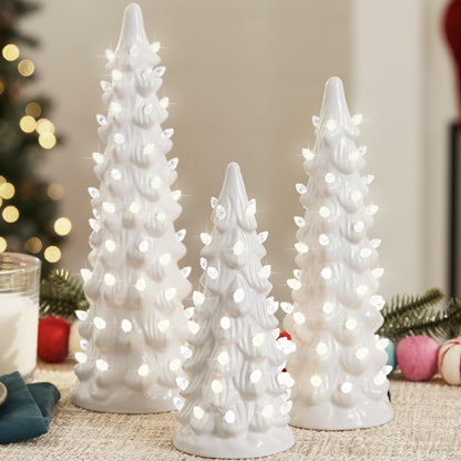 Best Choice Products Set of 3 Ceramic Christmas Trees, Pre-Lit Hand-Painted Tabletop Holiday Decoration w/Multicolor Bulbs, LED Lights – Green