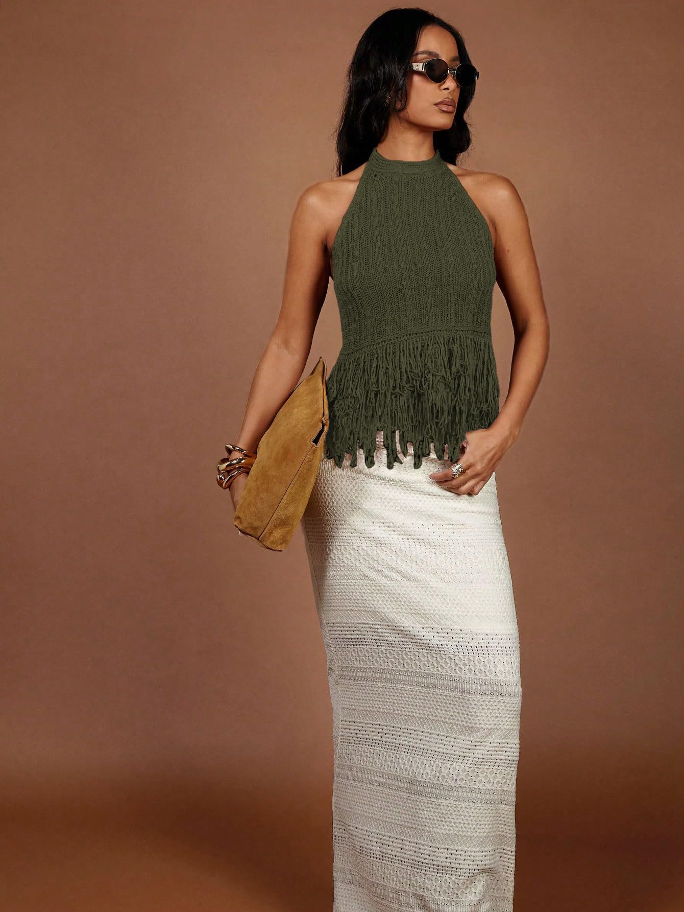 SweatyRocks Women's Boho Fringe Halter Tops Sleeveless Open Back Summer Knit Crochet Tank Top