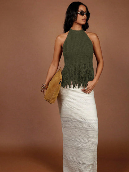 SweatyRocks Women's Boho Fringe Halter Tops Sleeveless Open Back Summer Knit Crochet Tank Top