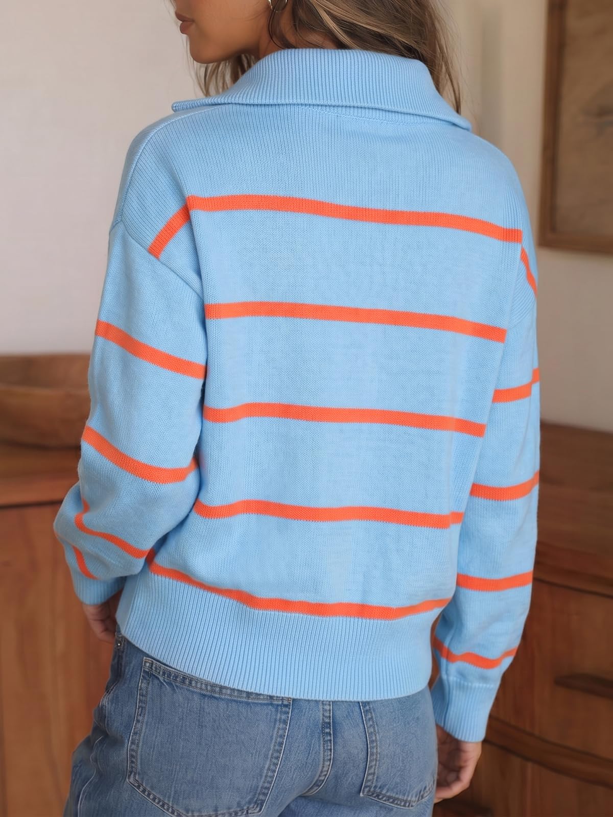 Fisoew Womens Quarter Zip Striped Sweater Oversized Turtleneck Pullover Top