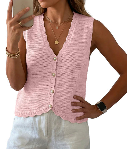 GRECERELLE Women's Summer Sleeveless V Neck Sweater Vest Knit Tank Top | Button Front Closure, Crochet Knit Design, Casual Style, Cropped Fit, Versatile Layering, for Office, Travel