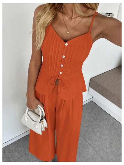 SOLY HUX Women's 2 Piece Outfit Button Down Peplum Cami Wide Leg Pants Set