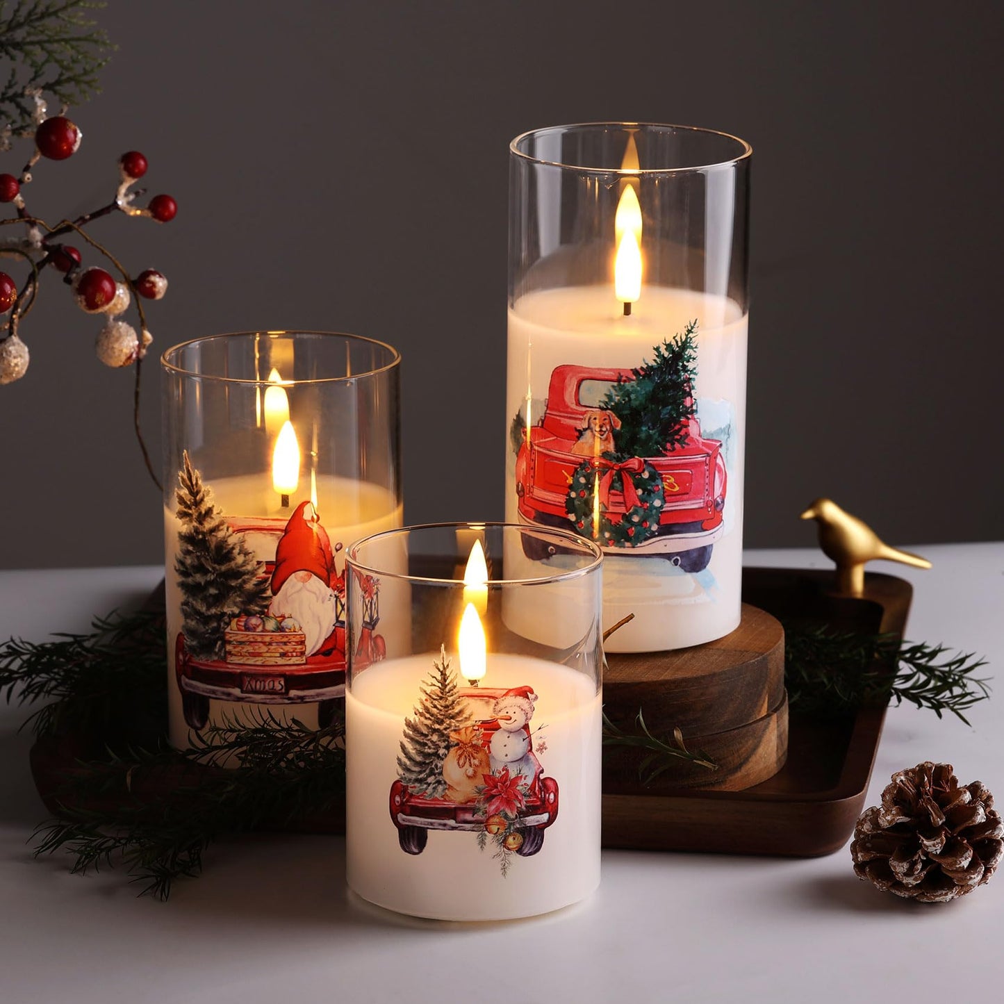 Eywamage Smoke Grey Glass Flameless Pillar Candles with Remote, Flickering LED Battery Candles Table Decor Set of 3