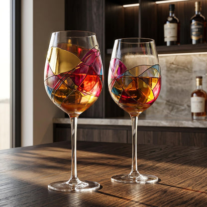 Artisanal Hand Painted Stemless Wine Glasses - Everyday Celebrations, Gift Idea for Wife, Mom, Valentine, Holiday Renaissance Romantic Stain-glassed Windows, 2 Set - Gift Idea Birthday, Housewarming