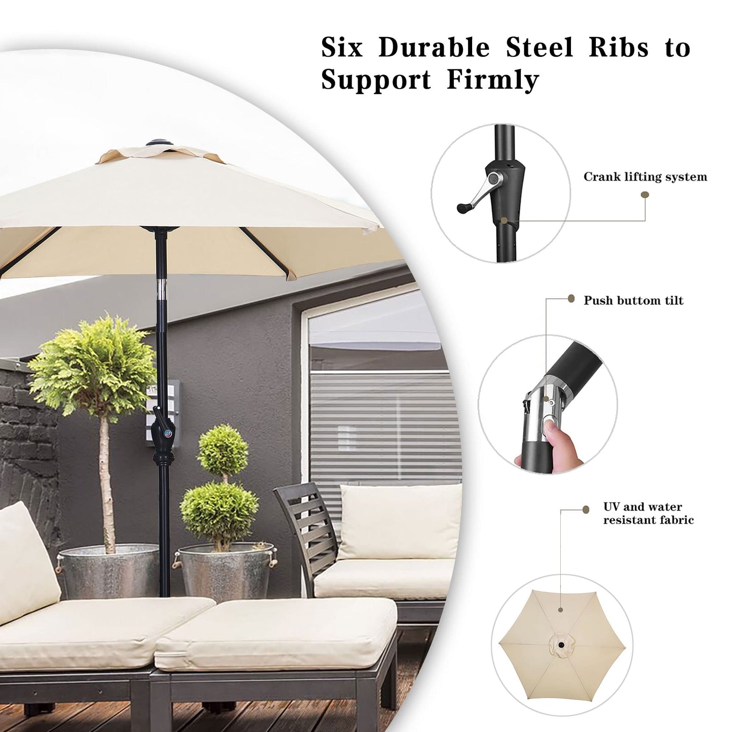 GDY 7.5ft Tassel Patio Umbrella and Matching Base, Outdoor Table Umbrella with 18 LED Lights,Market Umbrella with 6 Sturdy Ribs, with Push Button Tilt and Crank, Bright White