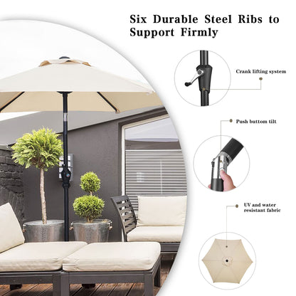 GDY 7.5ft Tassel Patio Umbrella and Matching Base, Outdoor Table Umbrella with 18 LED Lights,Market Umbrella with 6 Sturdy Ribs, with Push Button Tilt and Crank, Bright White