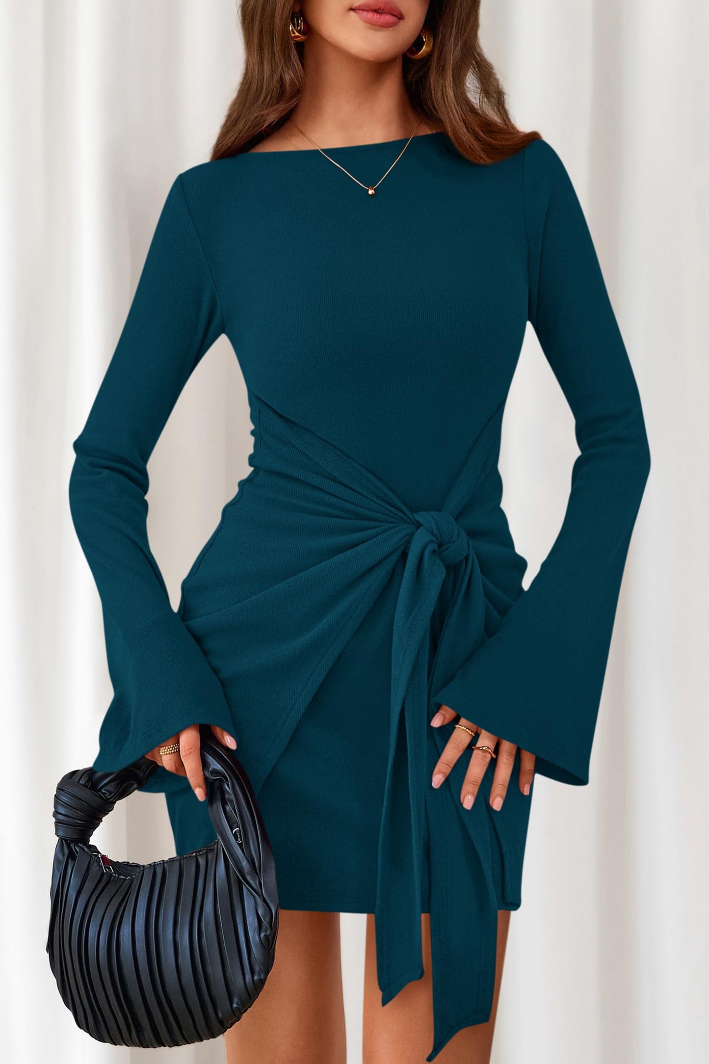 dowerme Women Bell Long Sleeve Tie Waist Bodycon Mini Dress