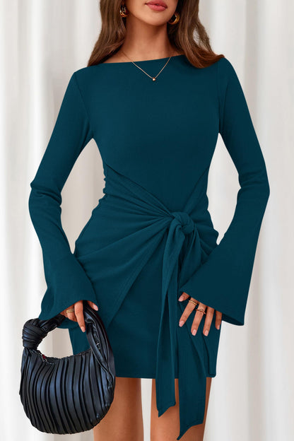 dowerme Women Bell Long Sleeve Tie Waist Bodycon Mini Dress
