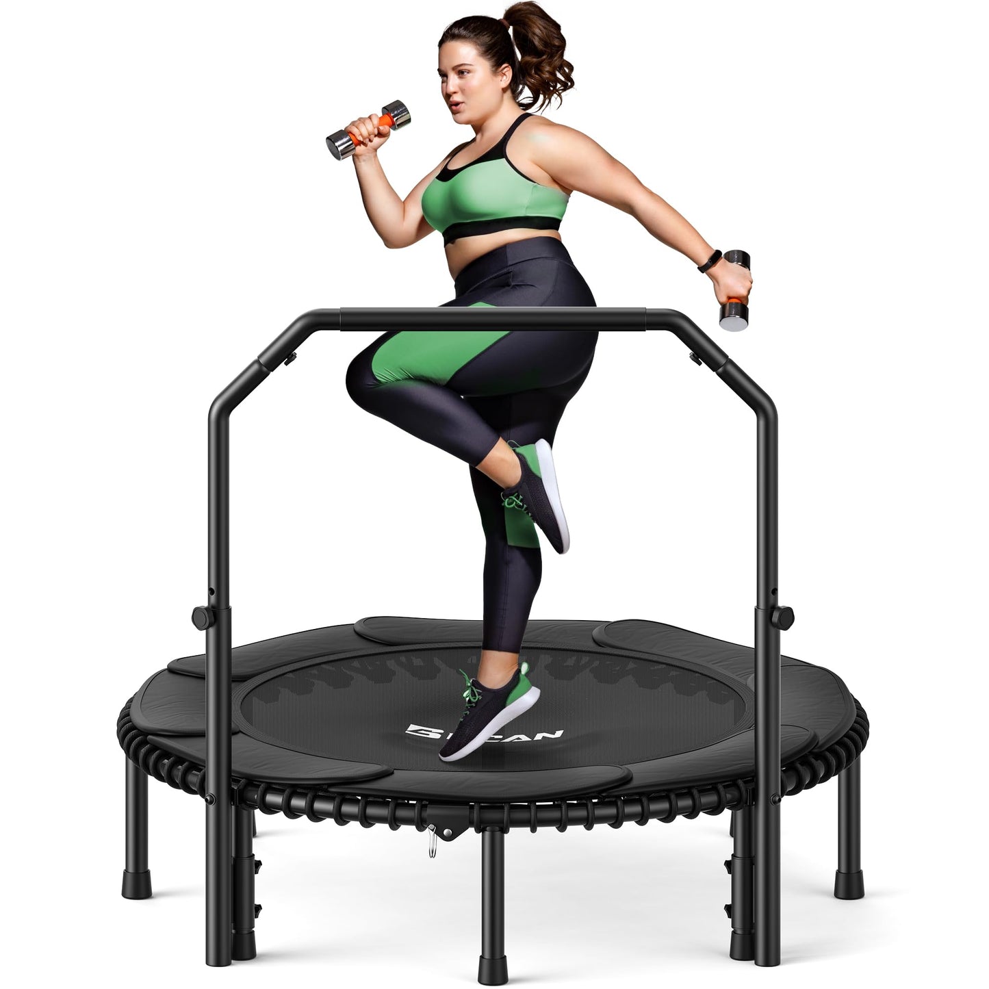BCAN BT2 450/550LBS Mini Rebounder Trampoline for Adults with Bar, Fitness Trampoline with Bungees, Adjustable Handle, Stable & Quiet, Indoor Outdoor, Whole-Body Workout - 40IN/48IN | FED Fitness