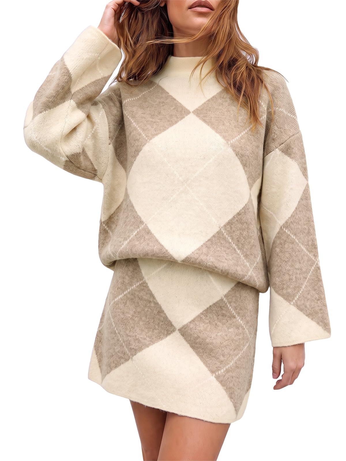 Cicy Bell Women Mock Neck Argyle Sweater 2 Piece Outfits Mini Skirt Sets