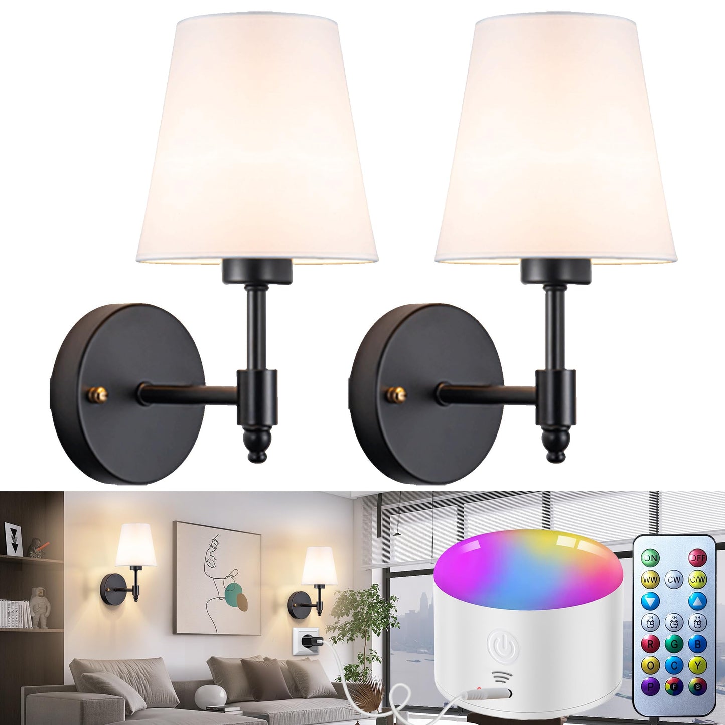 YHCDLAMP Battery Operated Wall Sconce Light with Remote Control, Dimmable Wall Sconce Set of 2 with White Fabric Shade, Wireless Battery Operated Wall Lamp for Bedroom Living Room, Bulb Included