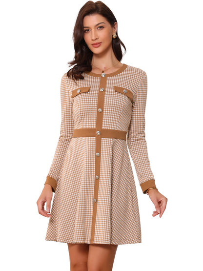 Allegra K Women's Houndstooth Plaid A-Line Elegant Business Work Dress