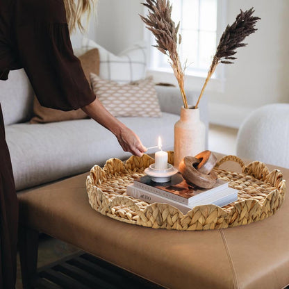 Gurfuy Extra Large Round Ottoman Table Tray with Handles - 19.7" Handmade Wicker Serving Hand Woven Tray for Farmhouse Decorative Oversized Coffee Table Trays Living Room Kitchen Counter Breakfast