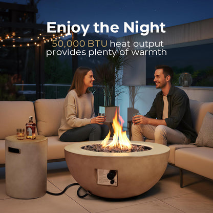 31.5 Inch Round Propane Fire Pit Table - Concrete Round Fire Bowl 50,000 BTU Natural Gas Firepit Burner with Steel Lid, Lava Rocks, Waterproof Cover for Outside Patio, Backyard, Party