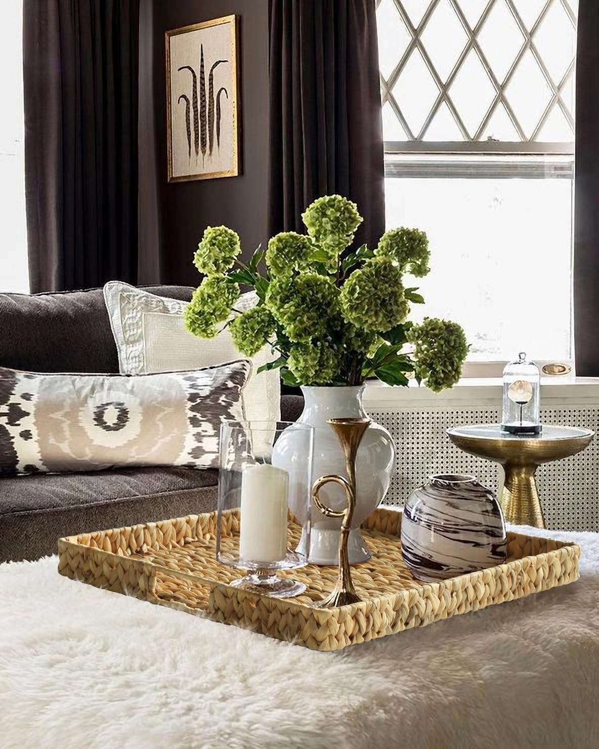 Gurfuy Extra Large Round Ottoman Table Tray with Handles - 19.7" Handmade Wicker Serving Hand Woven Tray for Farmhouse Decorative Oversized Coffee Table Trays Living Room Kitchen Counter Breakfast