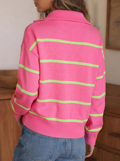 Fisoew Womens Quarter Zip Striped Sweater Oversized Turtleneck Pullover Top
