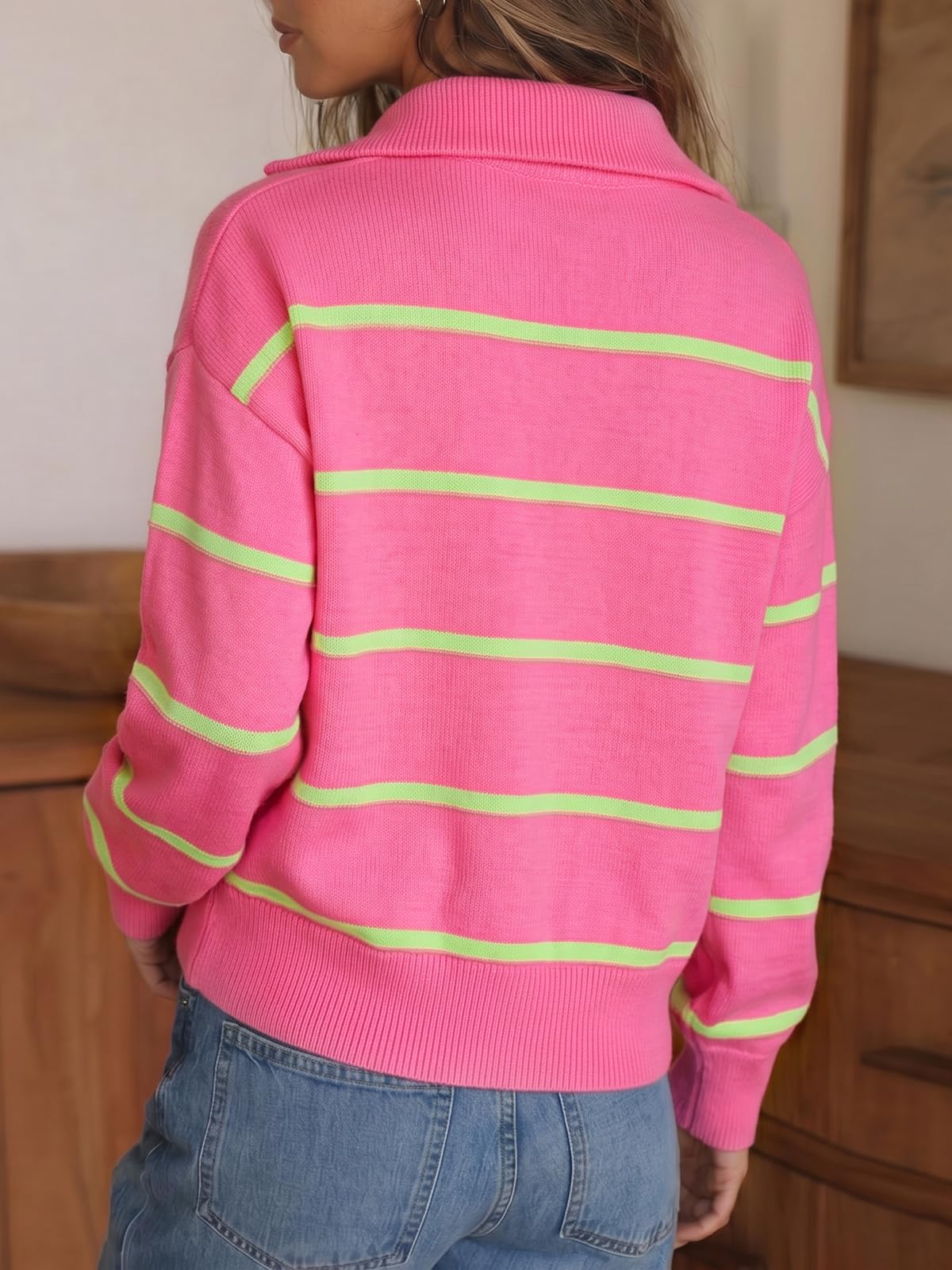 Fisoew Womens Quarter Zip Striped Sweater Oversized Turtleneck Pullover Top