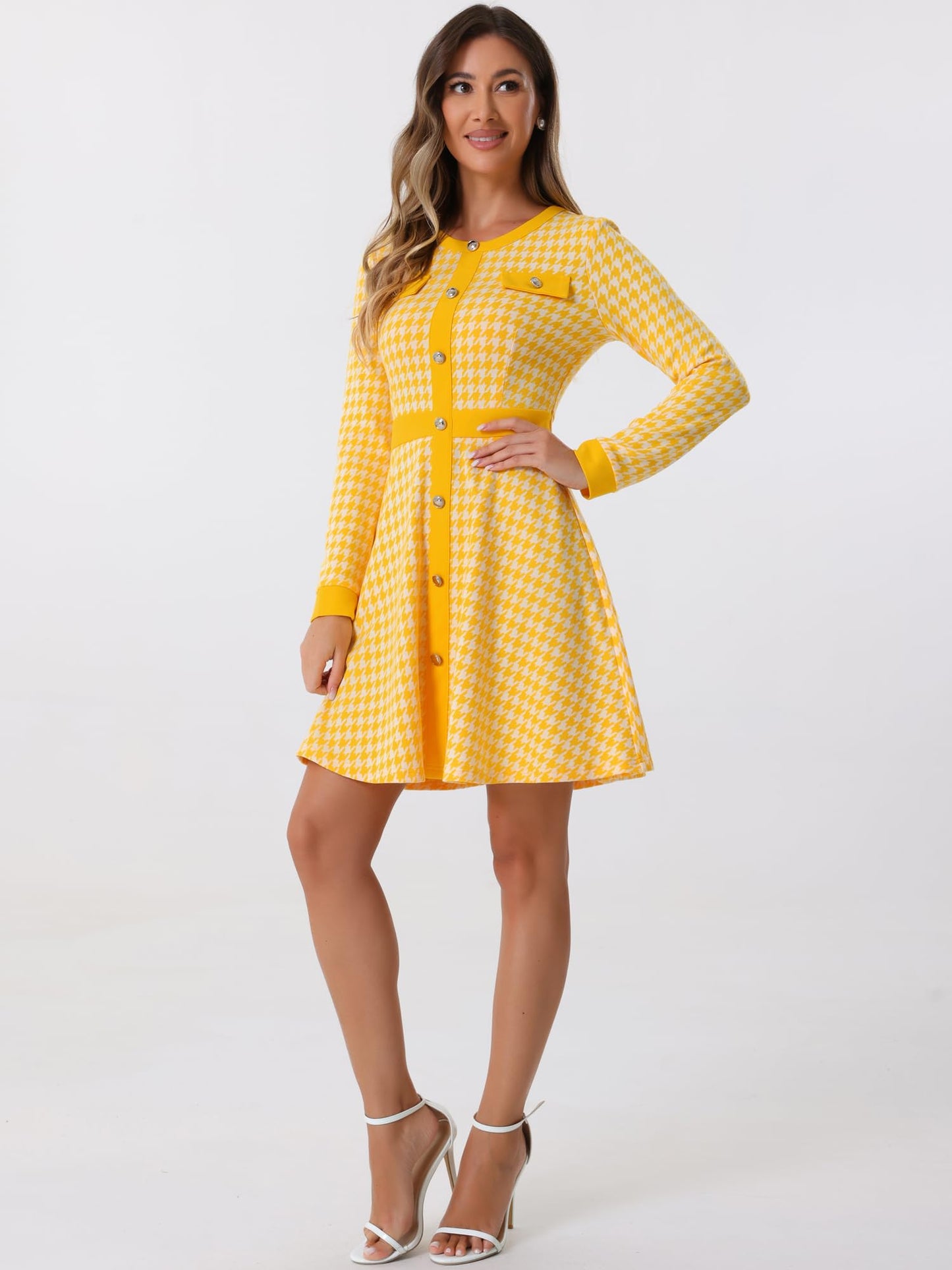 Allegra K Women's Houndstooth Plaid A-Line Elegant Business Work Dress