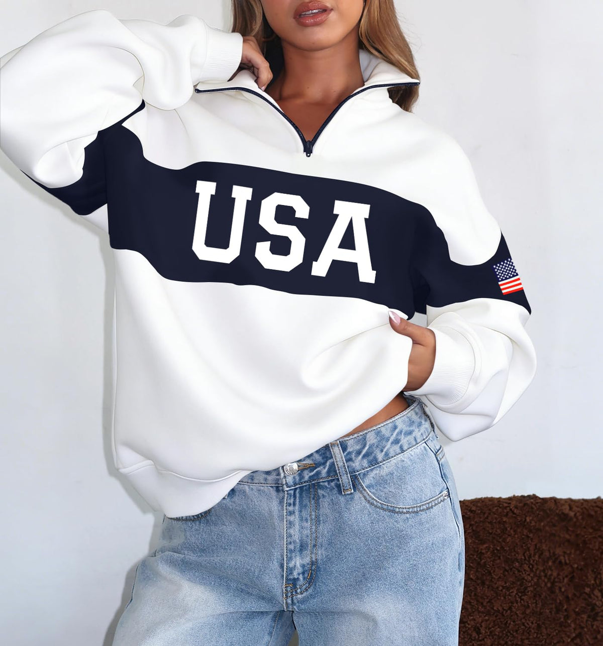 LEEDYA Women Long Sleeve American Flag Sweatshirts Half Zip USA Sweater