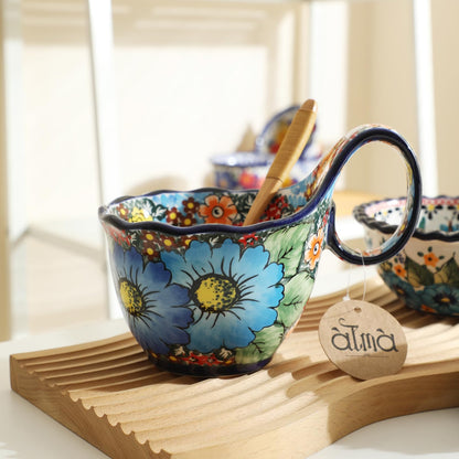 ALMA Handpainted Microwavable Soup Bowl with Loop Handle 18.6oz, Cereal Bowl With Handle Great for Berry, Fruits, Chili, Stew, Ice cream,Floral Soup Mug for Women