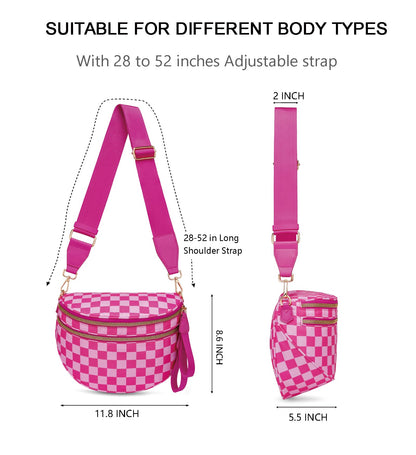 Pure Colour Crossbody Bum Bags for Women Spacious Checkered Cross body Bag Nylon Trendy Fanny Pack for Travel