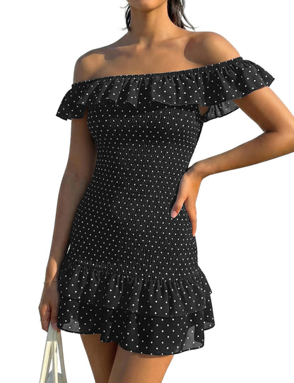 FOMELY Women's Polka Dot Off Shoulder Mini Dress Summer Ruffle Hem Smocked Bodycon Vacation Short Dresses 2026