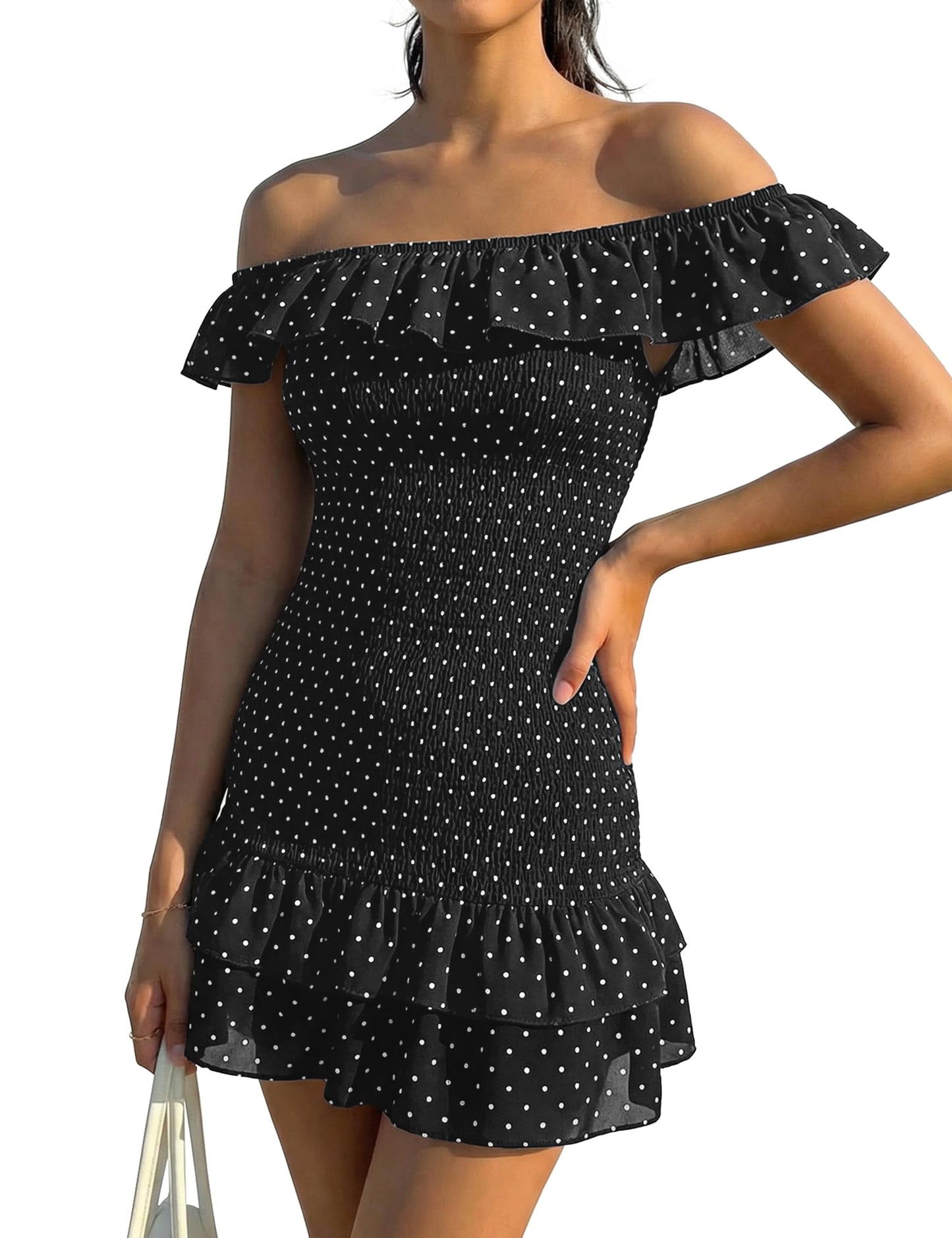 FOMELY Women's Polka Dot Off Shoulder Mini Dress Summer Ruffle Hem Smocked Bodycon Vacation Short Dresses 2026