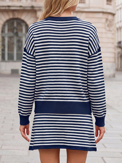 Tankaneo Women 2 Piece Striped Sweater Skirt Set