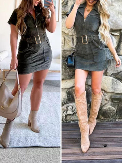 Doshoop Women's Corduroy Mini Dress Short Sleeve Cowboy Dresses