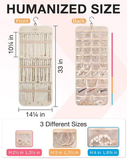BAGSMART Hanging Jewelry Organizer Storage Roll with Hanger Metal Hooks Double-Sided Jewelry Holder for Earrings, Necklaces, Rings on Closet, Wall, Door, 1 piece, Medium, Pink