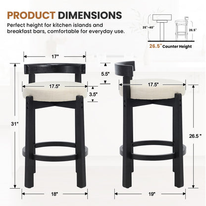LukeAlon Mid Century Linen Counter Stools Set of 4, Upholstered 26.5” Seat Height Low Barstools with Natural Wood Legs Round Low Back Kitchen Stools with Footrest for Dining Room, Beige